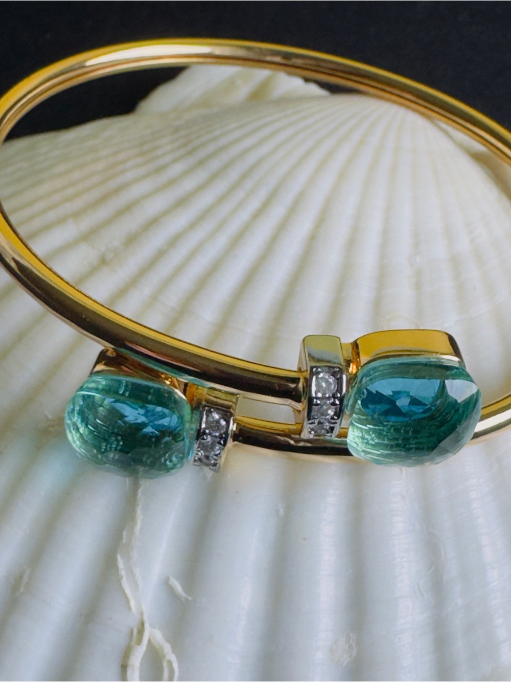 Gold Bypass Bracelet with Aqua Green Gem Accents - Picture 2 of 5